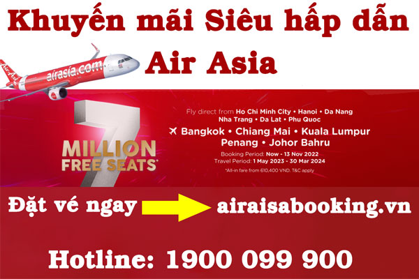 Air Asia khuyến mãi 7 triệu vé máy bay với giá 610400VND